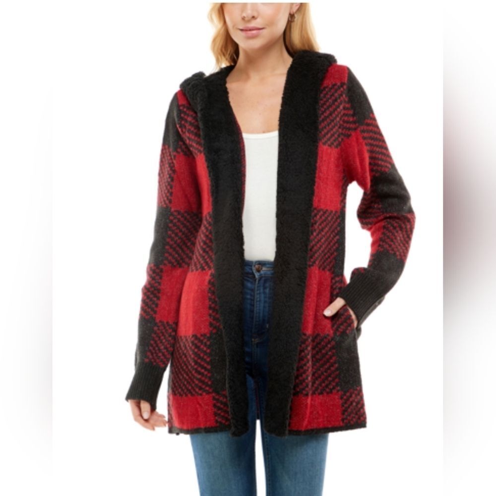Adrianne Vittadi hooded cardigan sweater size S/M red black buffalo soft